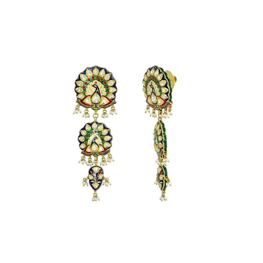 Peacock Motif Earrings with Polkis, Enamel, and Pearls
